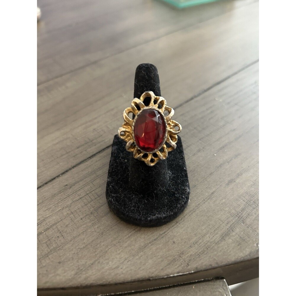 Vintage Large Red Stone Ring In An Antique Style Gold Tone Setting